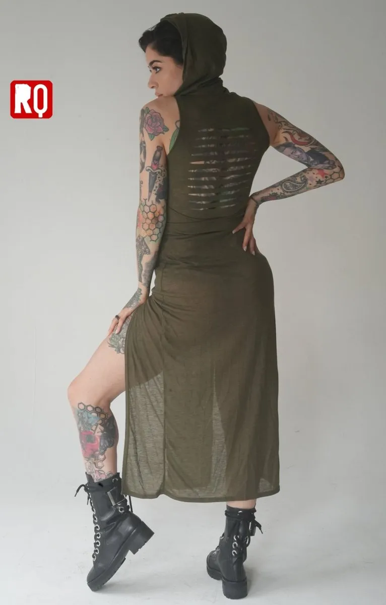 Dune desert dress, Sheer, hooded, hollow back, cyber punk style