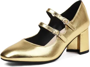 Elbslutt Women's Rockabilly Shoes Chunky Mary Janes Patent Leather Ankle Double Strap Block Heel Pumps Cute Dressy Shoes