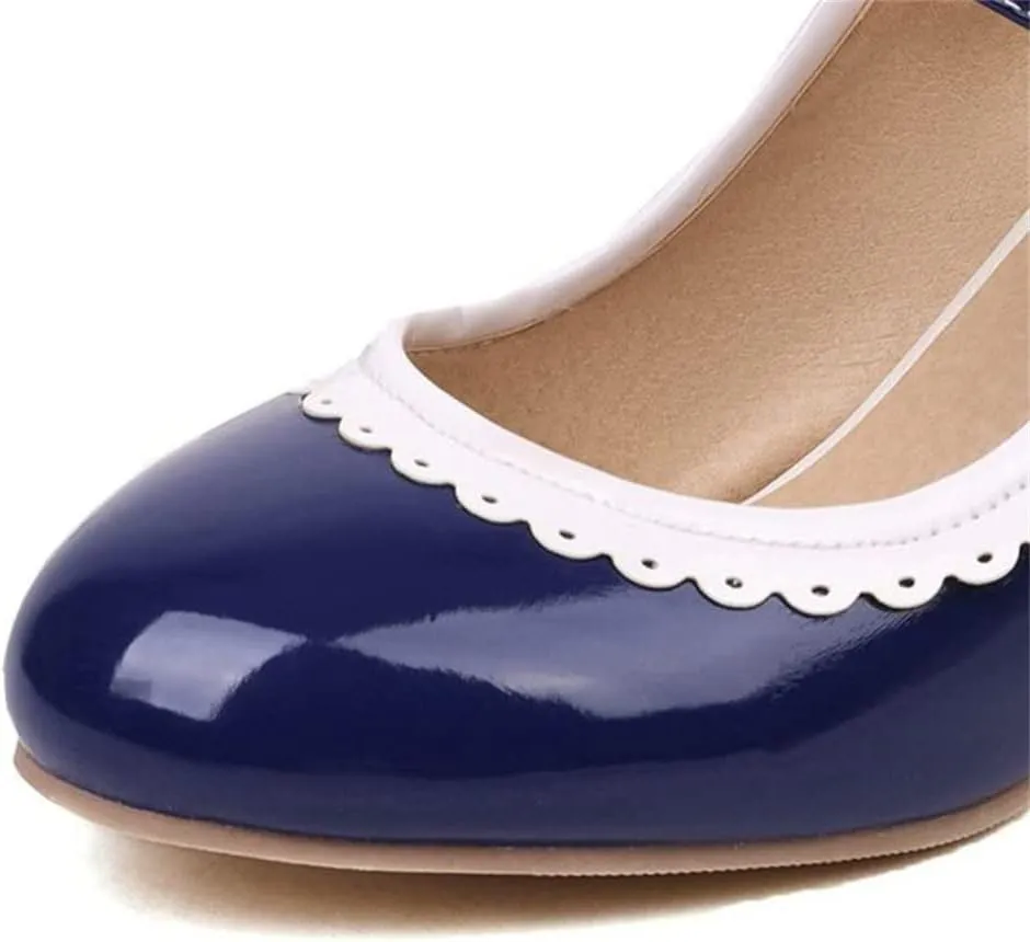 Elbslutt Women's Rockabilly Shoes Chunky Mary Janes Patent Leather Ankle Double Strap Block Heel Pumps Cute Dressy Shoes