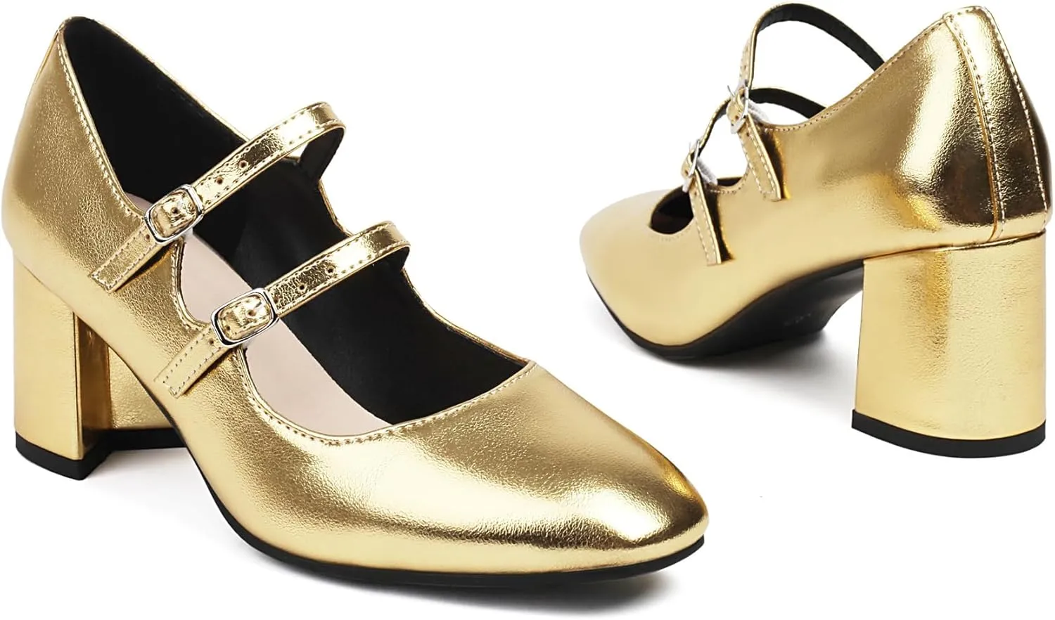 Elbslutt Women's Rockabilly Shoes Chunky Mary Janes Patent Leather Ankle Double Strap Block Heel Pumps Cute Dressy Shoes