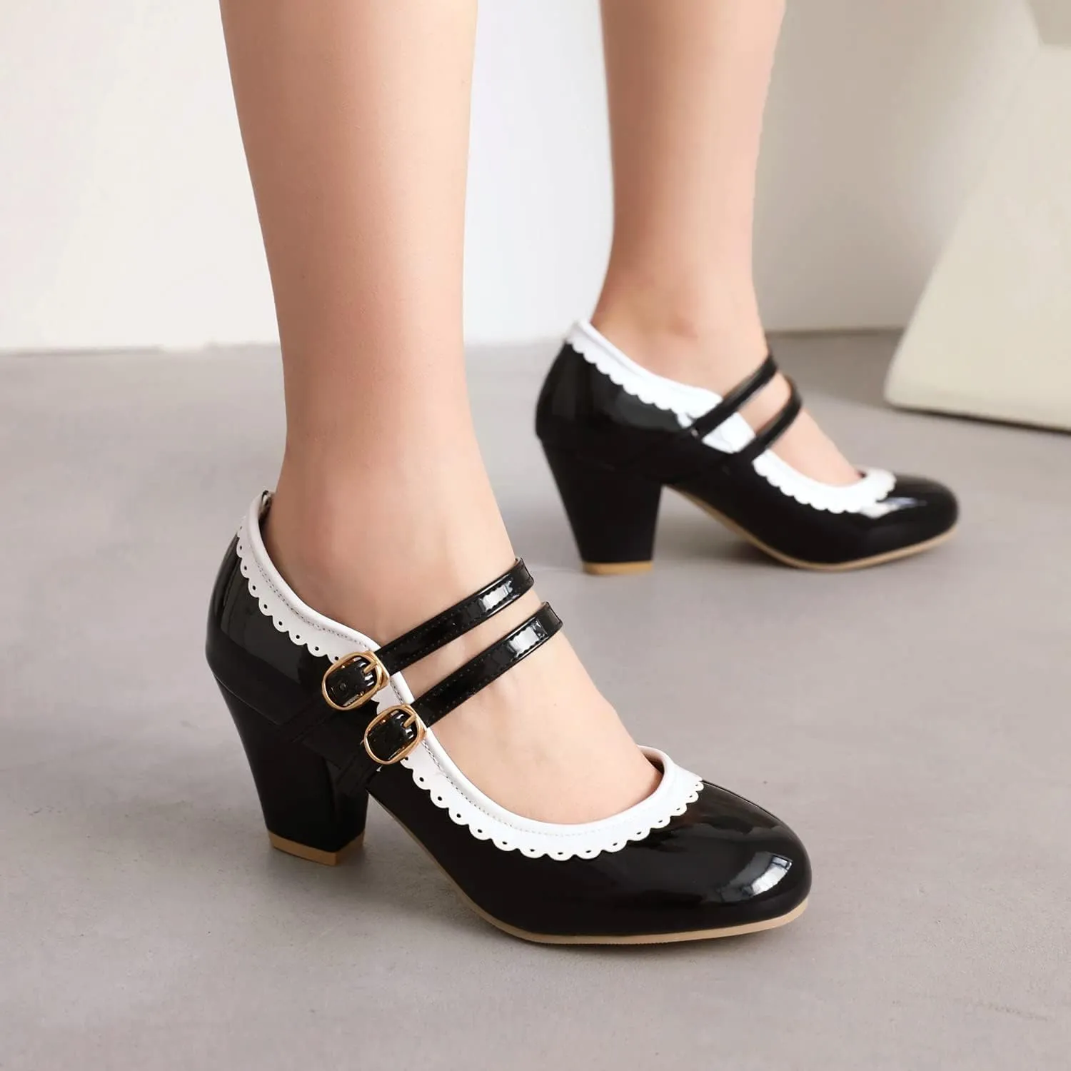 Elbslutt Women's Rockabilly Shoes Chunky Mary Janes Patent Leather Ankle Double Strap Block Heel Pumps Cute Dressy Shoes