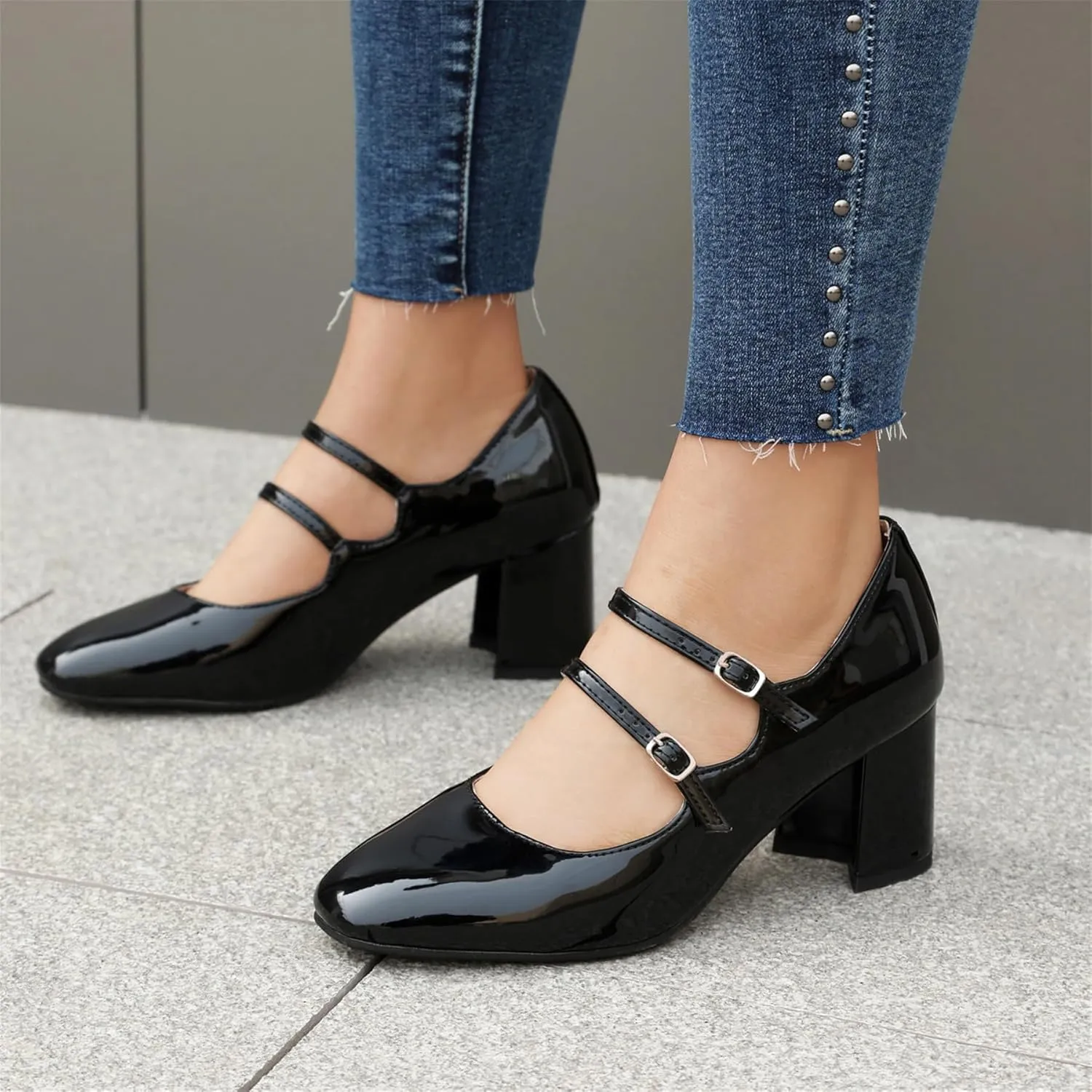 Elbslutt Women's Rockabilly Shoes Chunky Mary Janes Patent Leather Ankle Double Strap Block Heel Pumps Cute Dressy Shoes
