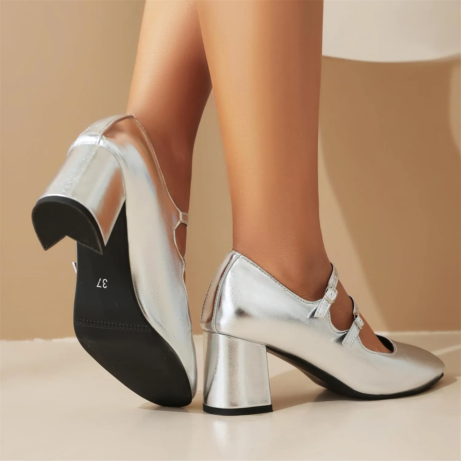 Elbslutt Women's Rockabilly Shoes Chunky Mary Janes Patent Leather Ankle Double Strap Block Heel Pumps Cute Dressy Shoes