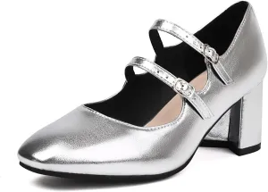 Elbslutt Women's Rockabilly Shoes Chunky Mary Janes Patent Leather Ankle Double Strap Block Heel Pumps Cute Dressy Shoes