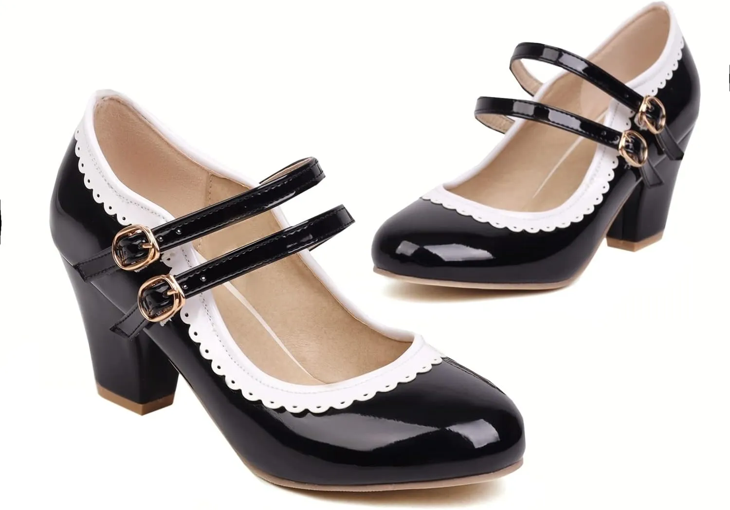 Elbslutt Women's Rockabilly Shoes Chunky Mary Janes Patent Leather Ankle Double Strap Block Heel Pumps Cute Dressy Shoes