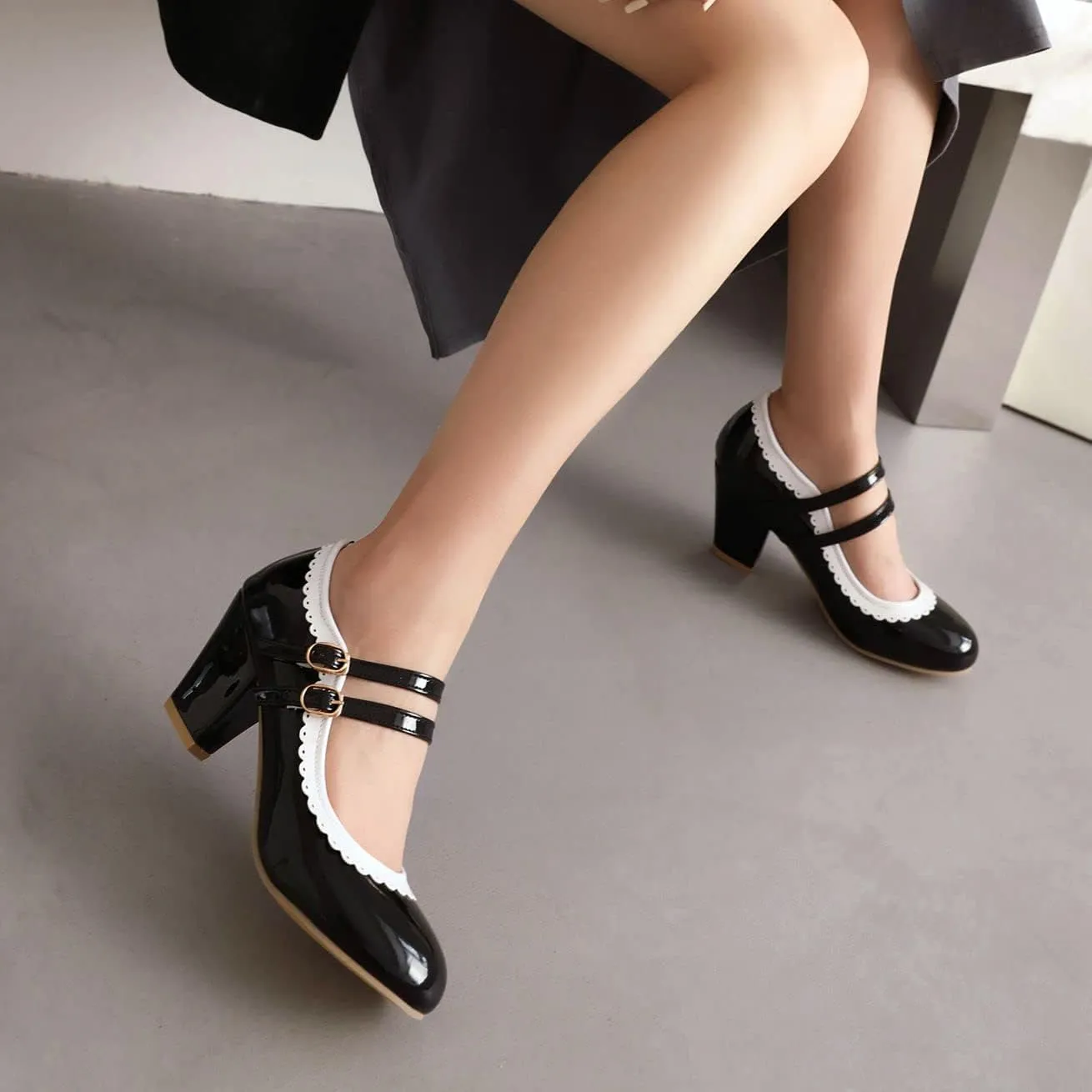 Elbslutt Women's Rockabilly Shoes Chunky Mary Janes Patent Leather Ankle Double Strap Block Heel Pumps Cute Dressy Shoes