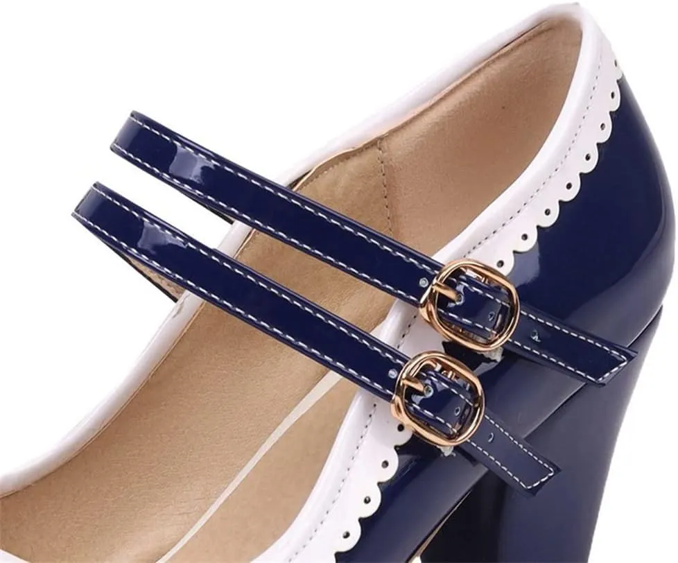 Elbslutt Women's Rockabilly Shoes Chunky Mary Janes Patent Leather Ankle Double Strap Block Heel Pumps Cute Dressy Shoes