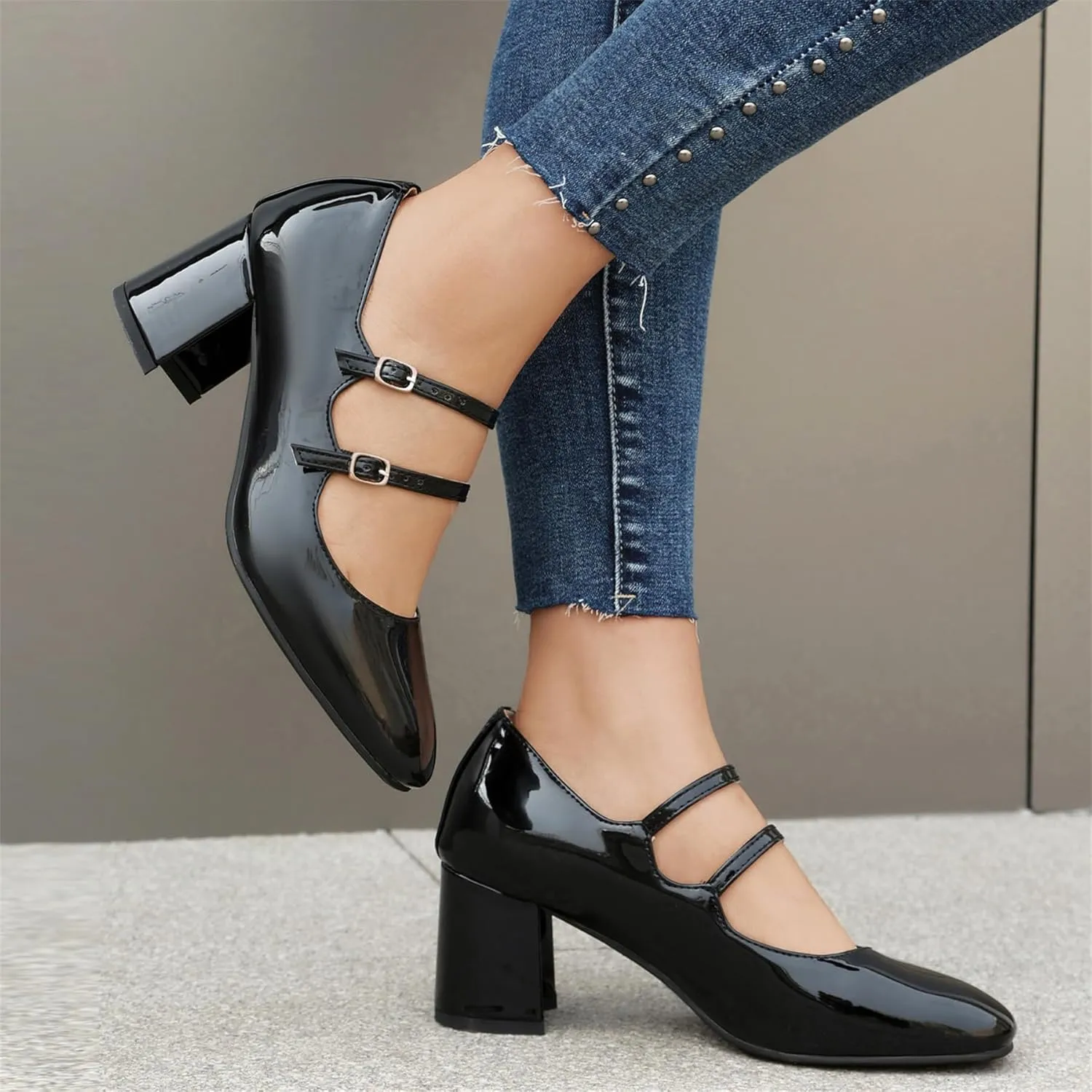 Elbslutt Women's Rockabilly Shoes Chunky Mary Janes Patent Leather Ankle Double Strap Block Heel Pumps Cute Dressy Shoes