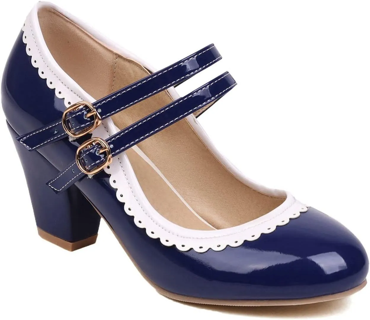 Elbslutt Women's Rockabilly Shoes Chunky Mary Janes Patent Leather Ankle Double Strap Block Heel Pumps Cute Dressy Shoes