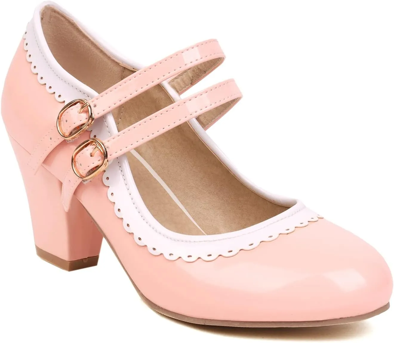 Elbslutt Women's Rockabilly Shoes Chunky Mary Janes Patent Leather Ankle Double Strap Block Heel Pumps Cute Dressy Shoes