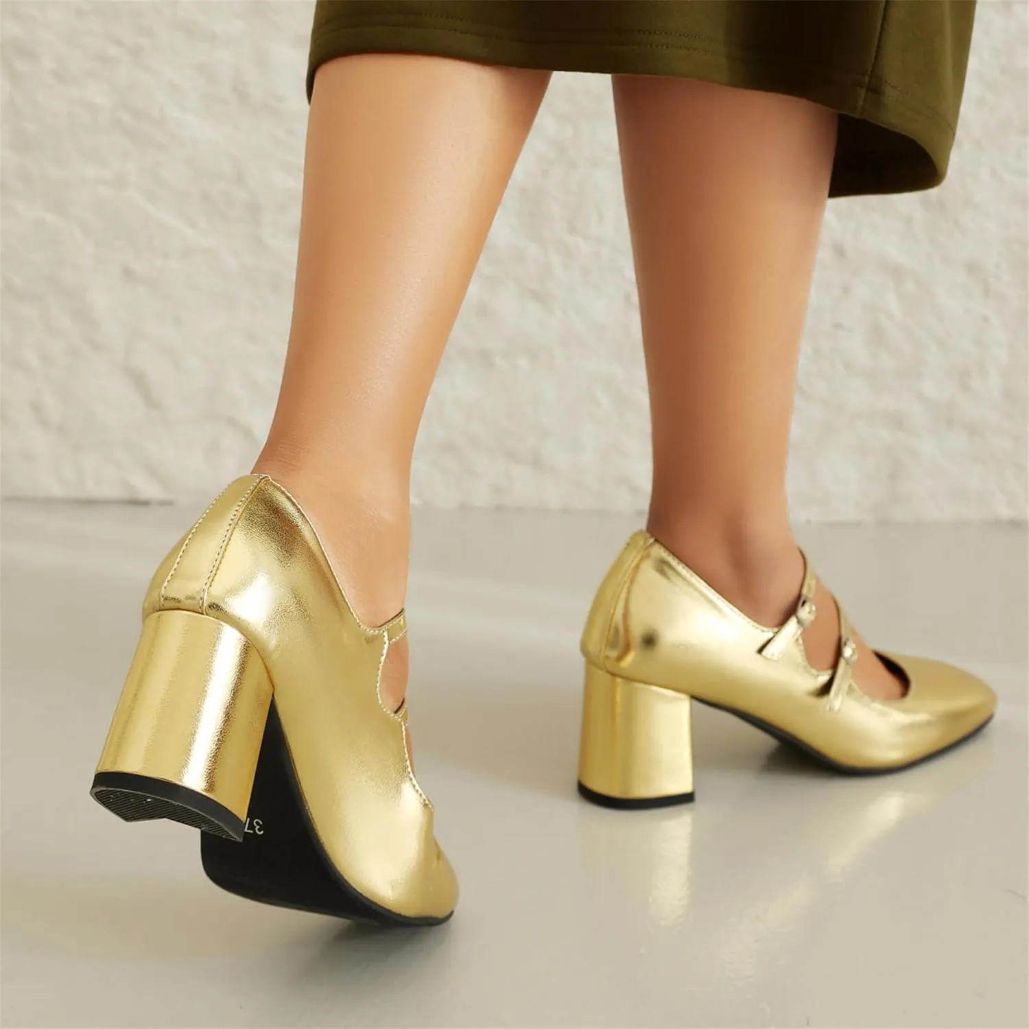 Elbslutt Women's Rockabilly Shoes Chunky Mary Janes Patent Leather Ankle Double Strap Block Heel Pumps Cute Dressy Shoes