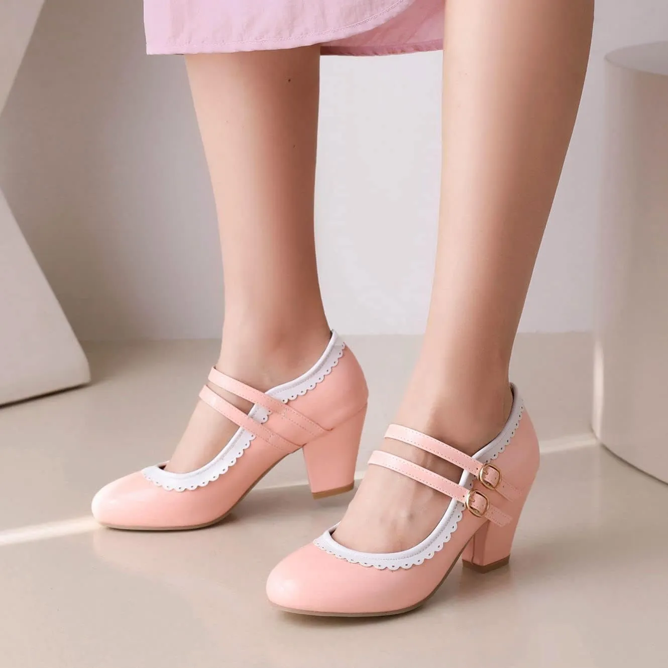 Elbslutt Women's Rockabilly Shoes Chunky Mary Janes Patent Leather Ankle Double Strap Block Heel Pumps Cute Dressy Shoes