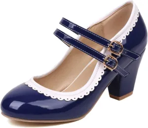 Elbslutt Women's Rockabilly Shoes Chunky Mary Janes Patent Leather Ankle Double Strap Block Heel Pumps Cute Dressy Shoes