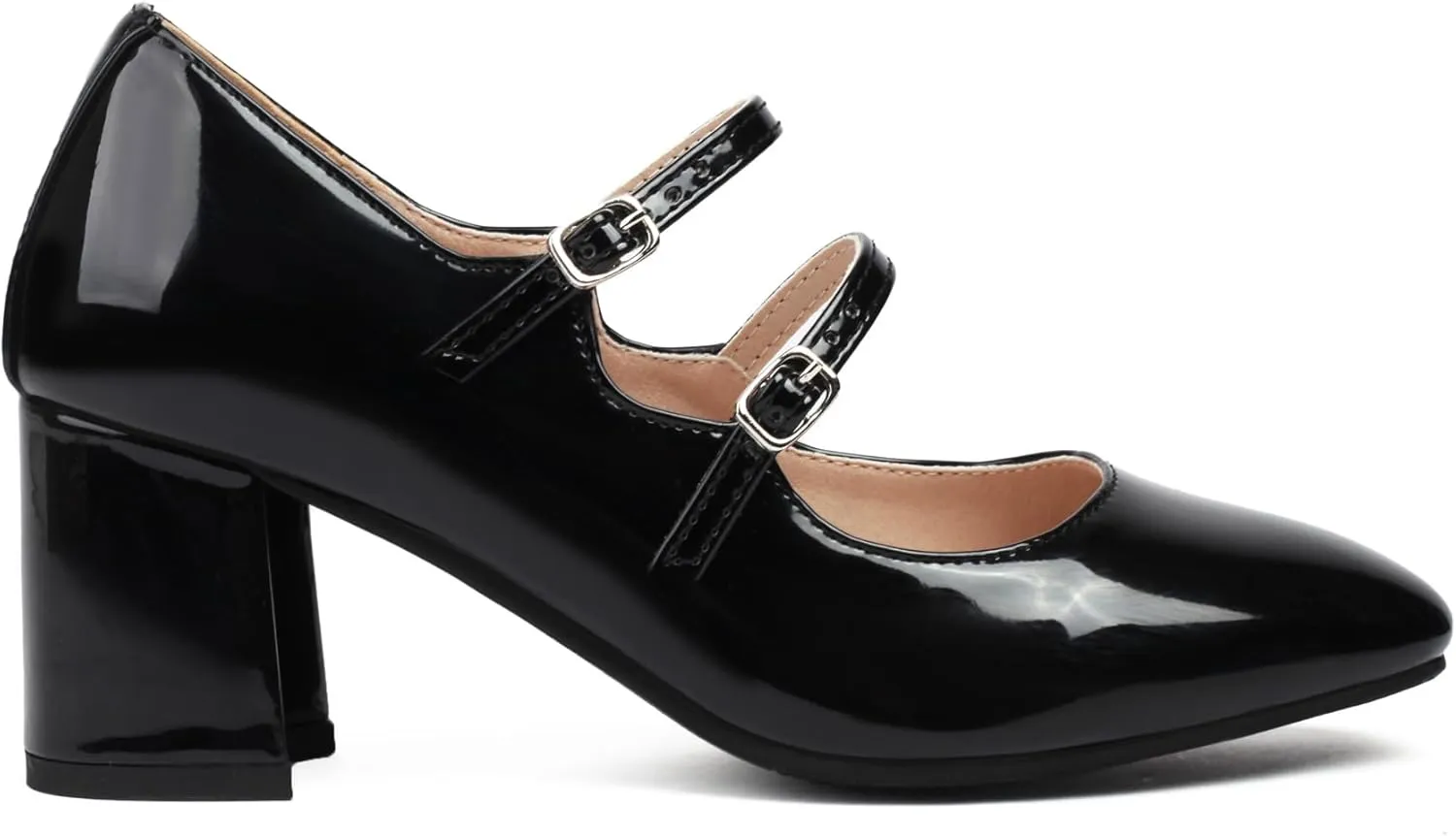 Elbslutt Women's Rockabilly Shoes Chunky Mary Janes Patent Leather Ankle Double Strap Block Heel Pumps Cute Dressy Shoes