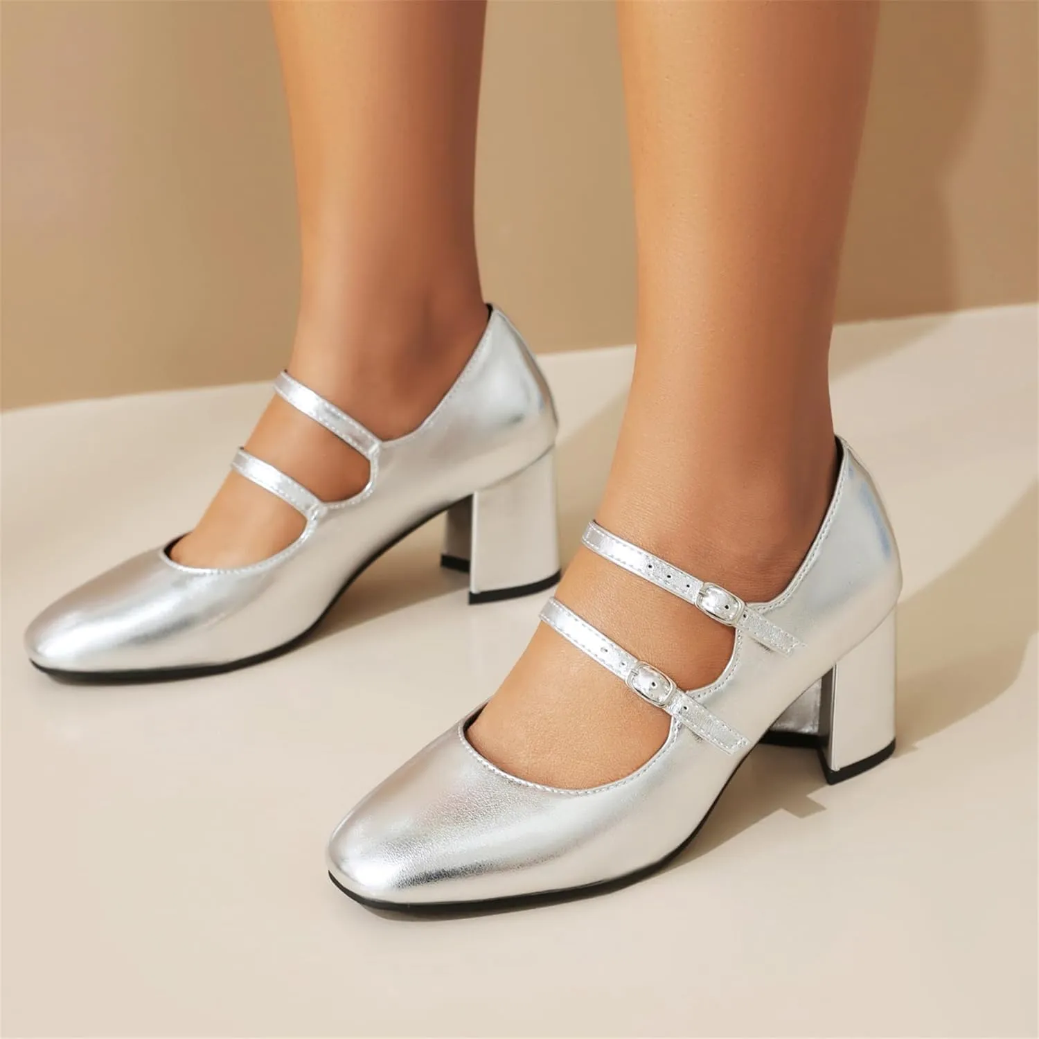 Elbslutt Women's Rockabilly Shoes Chunky Mary Janes Patent Leather Ankle Double Strap Block Heel Pumps Cute Dressy Shoes