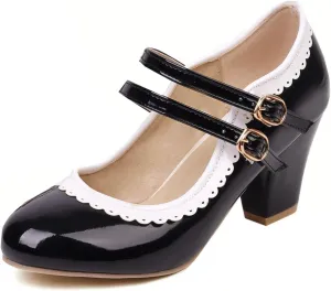 Elbslutt Women's Rockabilly Shoes Chunky Mary Janes Patent Leather Ankle Double Strap Block Heel Pumps Cute Dressy Shoes