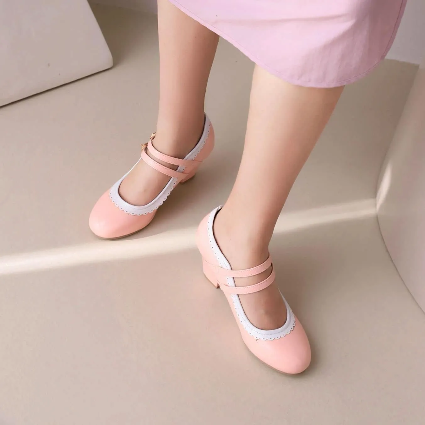 Elbslutt Women's Rockabilly Shoes Chunky Mary Janes Patent Leather Ankle Double Strap Block Heel Pumps Cute Dressy Shoes