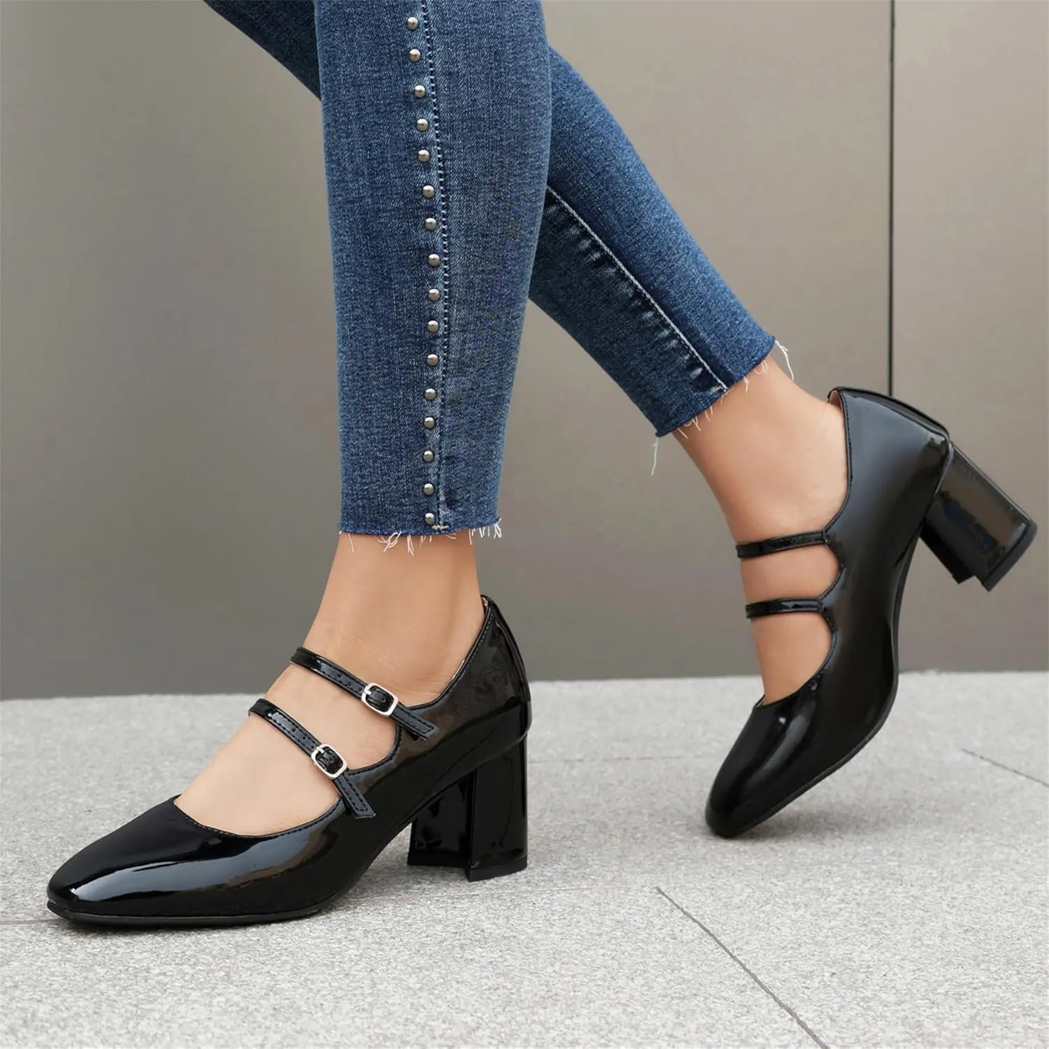 Elbslutt Women's Rockabilly Shoes Chunky Mary Janes Patent Leather Ankle Double Strap Block Heel Pumps Cute Dressy Shoes
