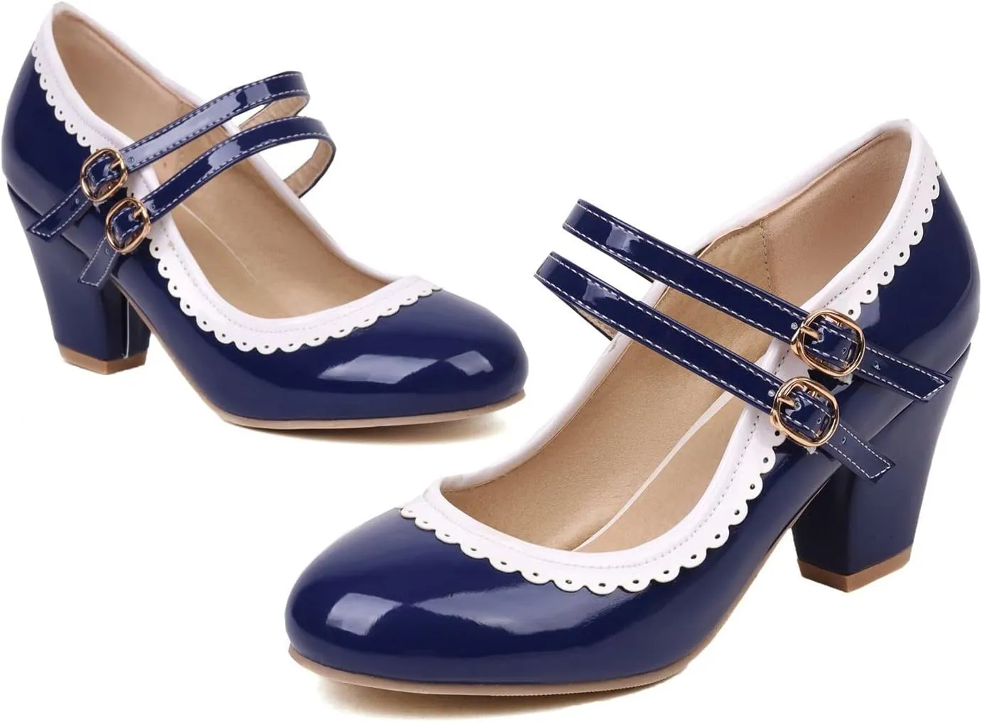 Elbslutt Women's Rockabilly Shoes Chunky Mary Janes Patent Leather Ankle Double Strap Block Heel Pumps Cute Dressy Shoes
