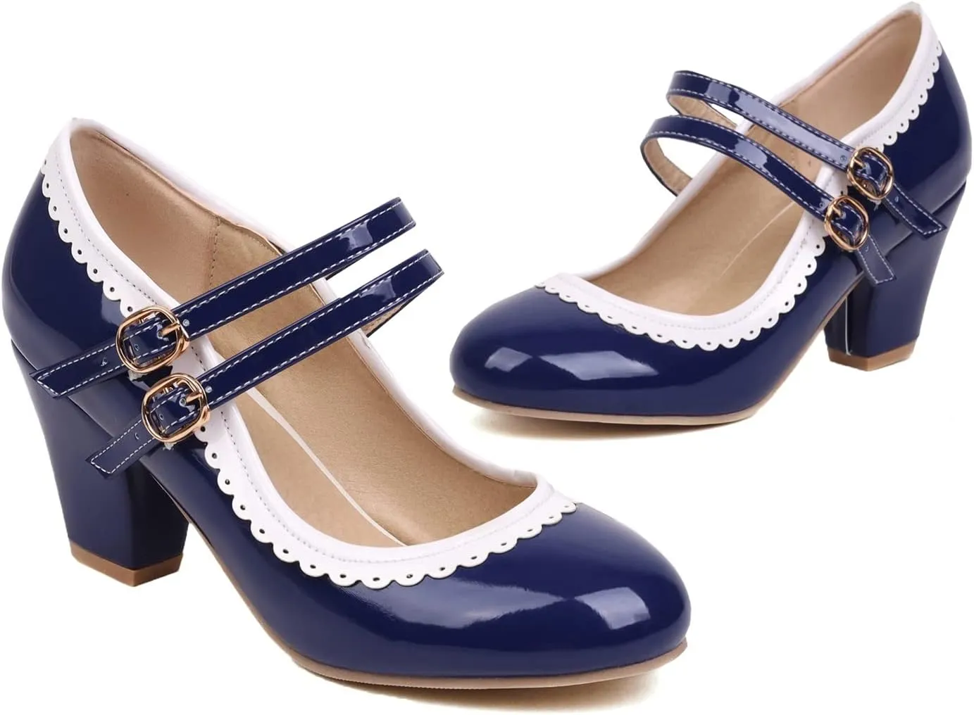 Elbslutt Women's Rockabilly Shoes Chunky Mary Janes Patent Leather Ankle Double Strap Block Heel Pumps Cute Dressy Shoes