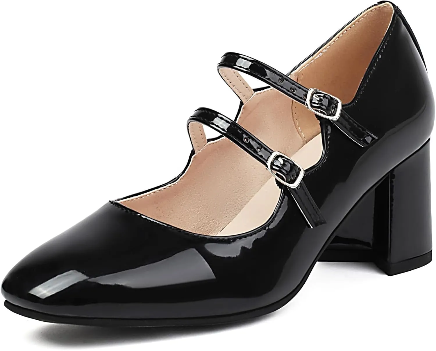 Elbslutt Women's Rockabilly Shoes Chunky Mary Janes Patent Leather Ankle Double Strap Block Heel Pumps Cute Dressy Shoes