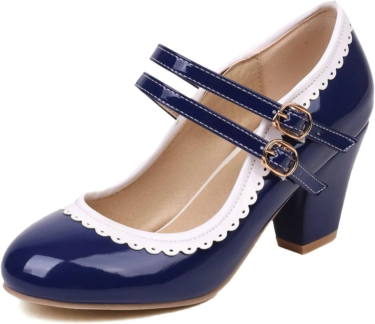 Elbslutt Women's Rockabilly Shoes Chunky Mary Janes Patent Leather Ankle Double Strap Block Heel Pumps Cute Dressy Shoes