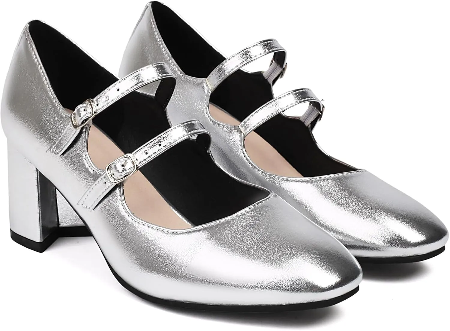 Elbslutt Women's Rockabilly Shoes Chunky Mary Janes Patent Leather Ankle Double Strap Block Heel Pumps Cute Dressy Shoes