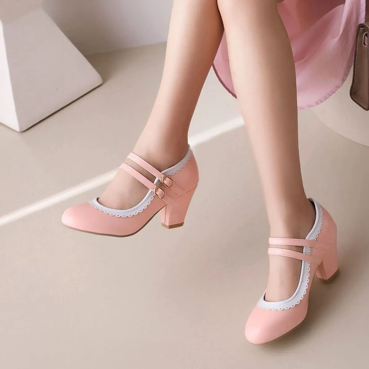 Elbslutt Women's Rockabilly Shoes Chunky Mary Janes Patent Leather Ankle Double Strap Block Heel Pumps Cute Dressy Shoes