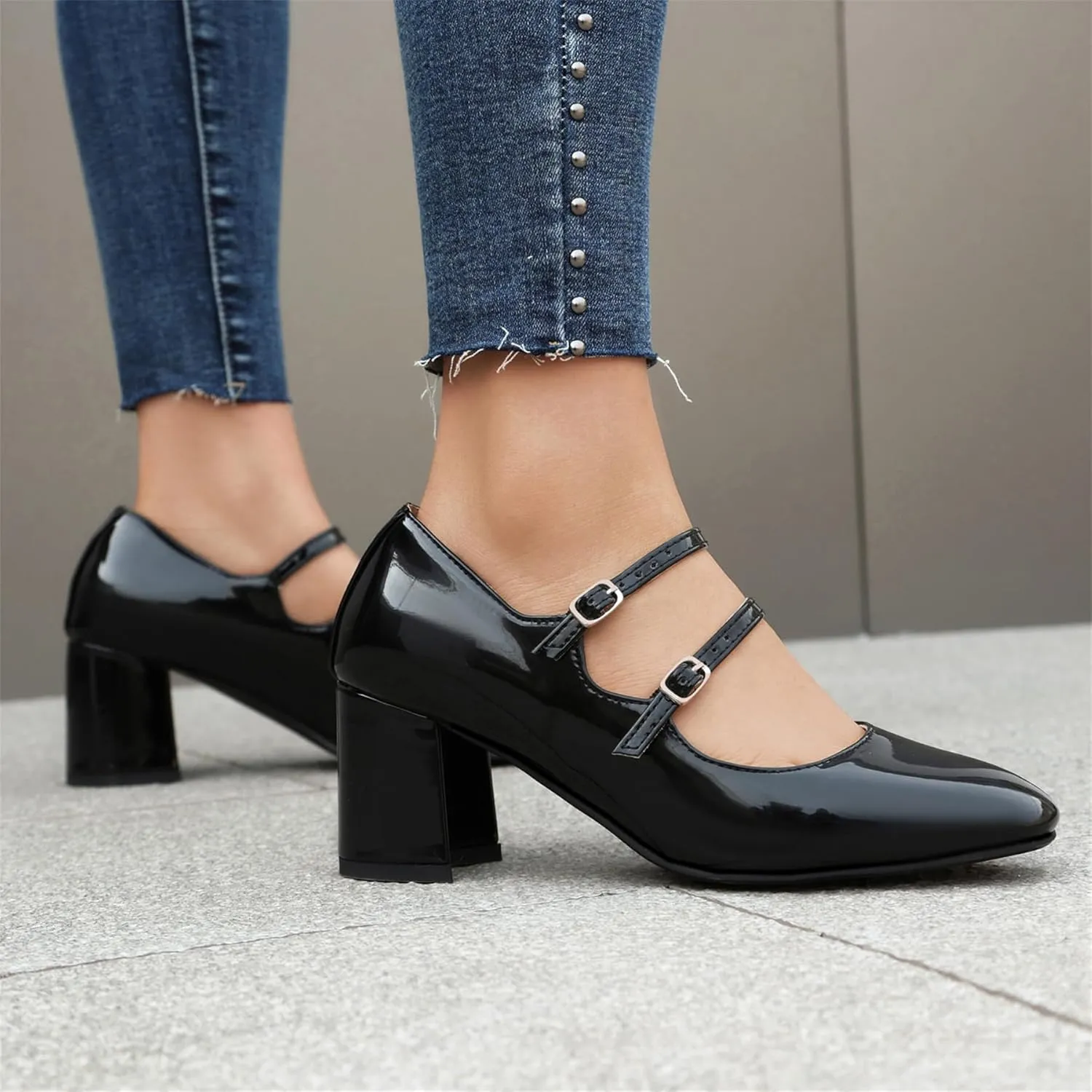 Elbslutt Women's Rockabilly Shoes Chunky Mary Janes Patent Leather Ankle Double Strap Block Heel Pumps Cute Dressy Shoes