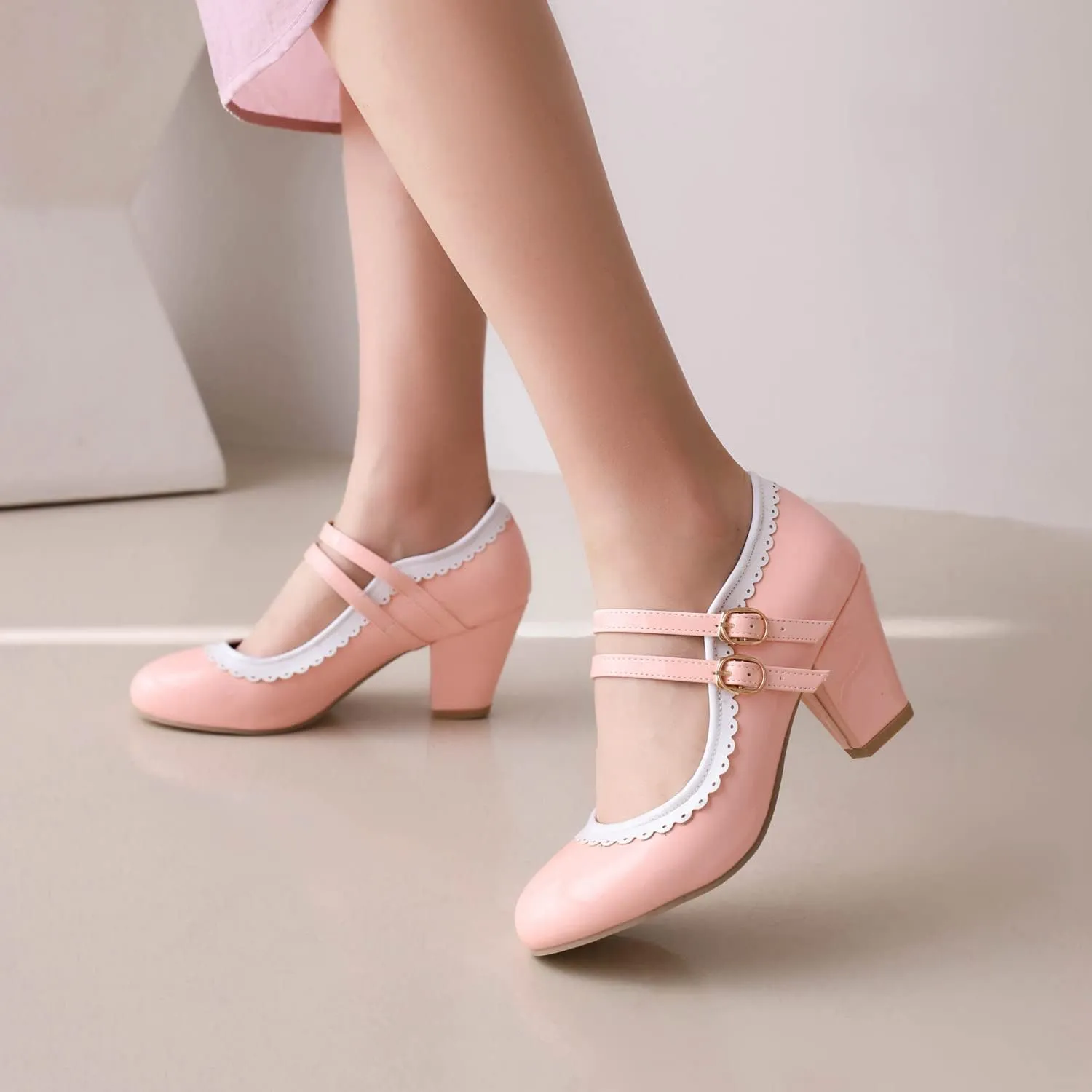 Elbslutt Women's Rockabilly Shoes Chunky Mary Janes Patent Leather Ankle Double Strap Block Heel Pumps Cute Dressy Shoes