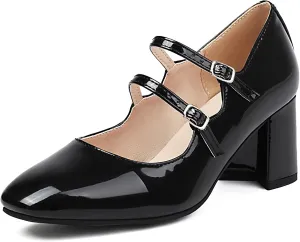 Elbslutt Women's Rockabilly Shoes Chunky Mary Janes Patent Leather Ankle Double Strap Block Heel Pumps Cute Dressy Shoes