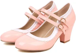 Elbslutt Women's Rockabilly Shoes Chunky Mary Janes Patent Leather Ankle Double Strap Block Heel Pumps Cute Dressy Shoes