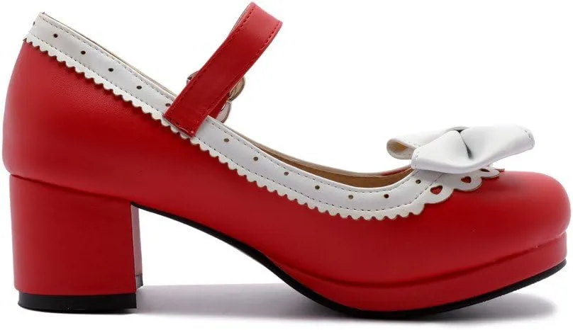 ELFY Women's Cute Lolita Cosplay Shoes Bow Mid Chunky Heel Mary Jane Pumps