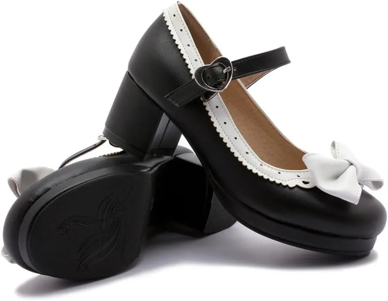 ELFY Women's Cute Lolita Cosplay Shoes Bow Mid Chunky Heel Mary Jane Pumps
