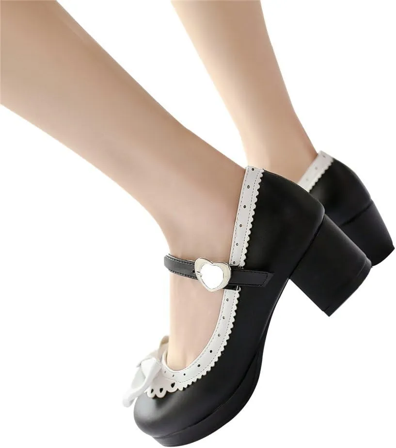 ELFY Women's Cute Lolita Cosplay Shoes Bow Mid Chunky Heel Mary Jane Pumps