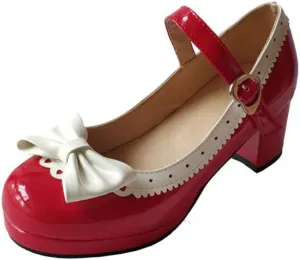 ELFY Women's Cute Lolita Cosplay Shoes Bow Mid Chunky Heel Mary Jane Pumps