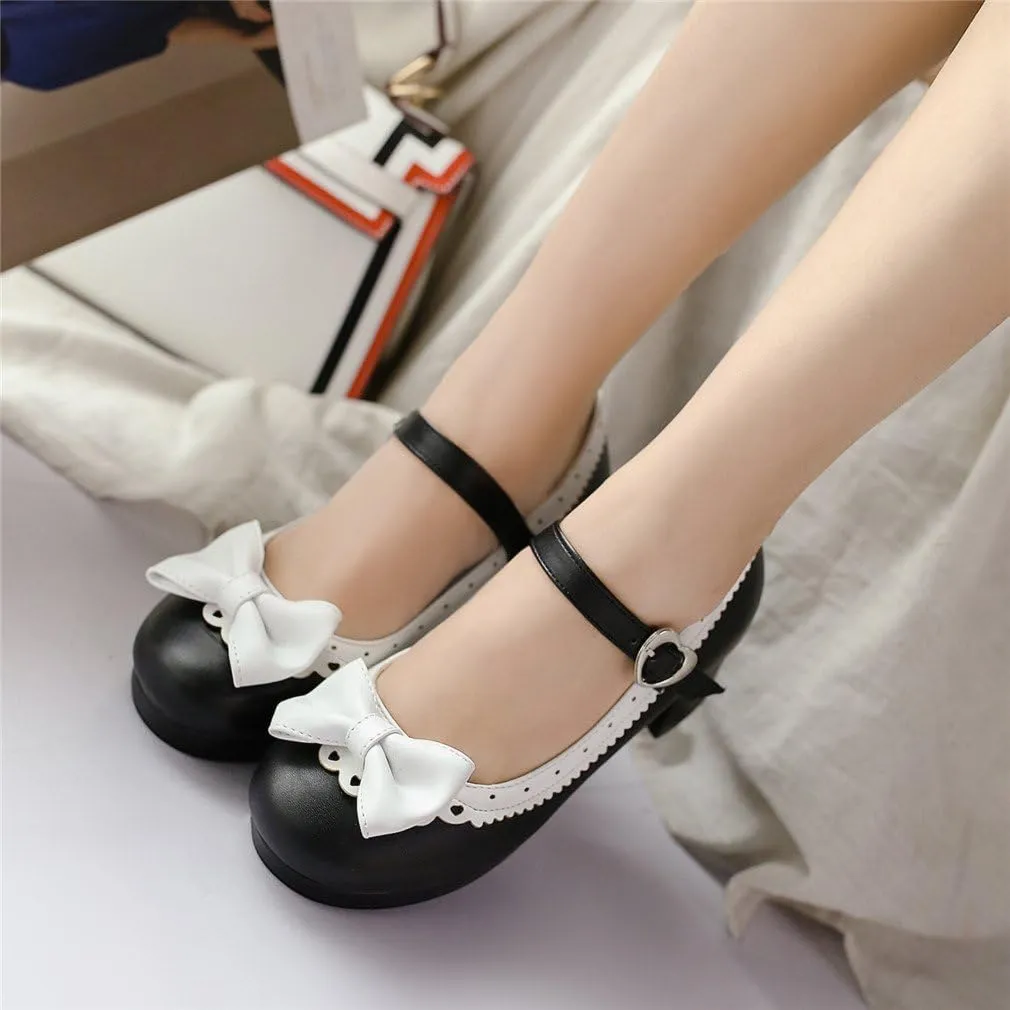 ELFY Women's Cute Lolita Cosplay Shoes Bow Mid Chunky Heel Mary Jane Pumps