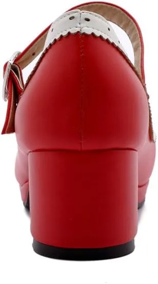 ELFY Women's Cute Lolita Cosplay Shoes Bow Mid Chunky Heel Mary Jane Pumps
