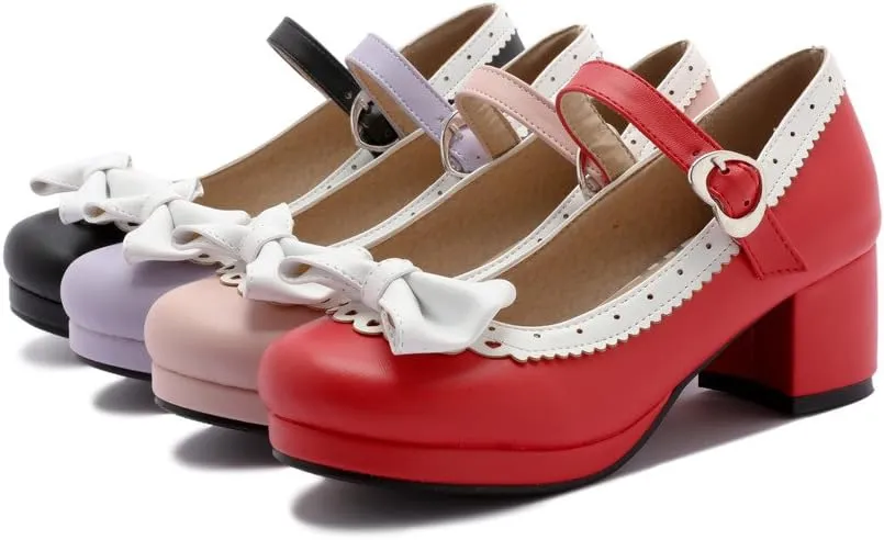 ELFY Women's Cute Lolita Cosplay Shoes Bow Mid Chunky Heel Mary Jane Pumps