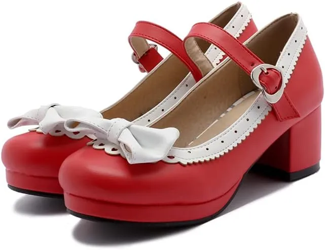ELFY Women's Cute Lolita Cosplay Shoes Bow Mid Chunky Heel Mary Jane Pumps