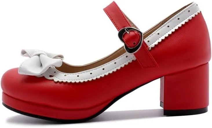 ELFY Women's Cute Lolita Cosplay Shoes Bow Mid Chunky Heel Mary Jane Pumps