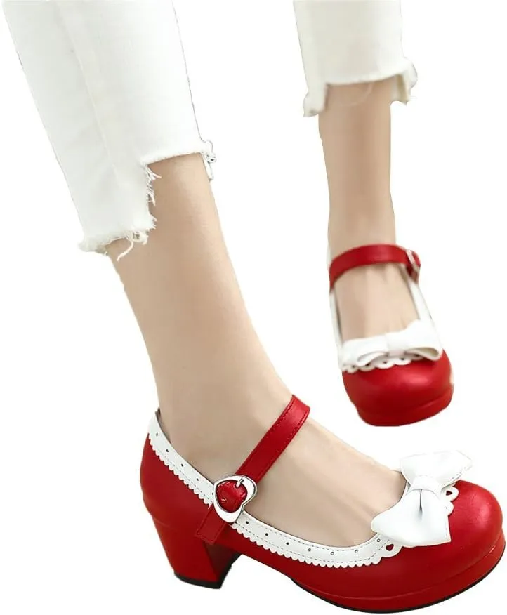 ELFY Women's Cute Lolita Cosplay Shoes Bow Mid Chunky Heel Mary Jane Pumps
