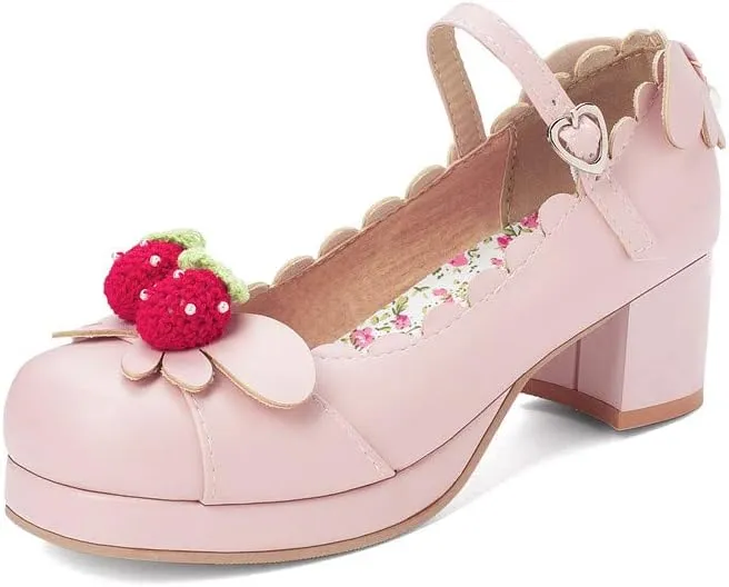 Elyffany Women's Cute Lolita Cosplay Shoes Mid Chunky Heel Mary Jane Pumps