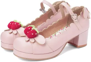 Elyffany Women's Cute Lolita Cosplay Shoes Mid Chunky Heel Mary Jane Pumps