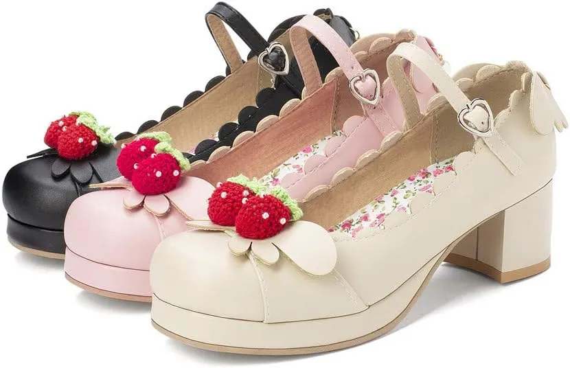 Elyffany Women's Cute Lolita Cosplay Shoes Mid Chunky Heel Mary Jane Pumps