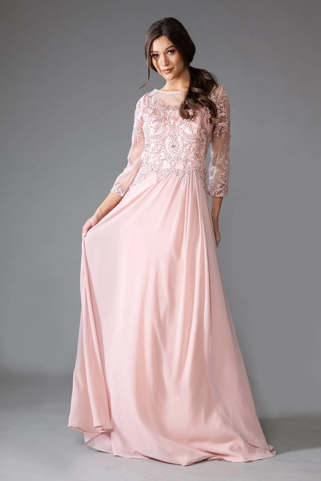 Embroidered 3/4 Sleeve Chiffon Gown by Amelia Couture 7043