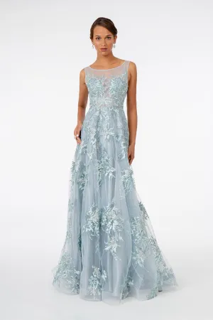 Embroidered Mesh A-Line Long Dress GLGL2979