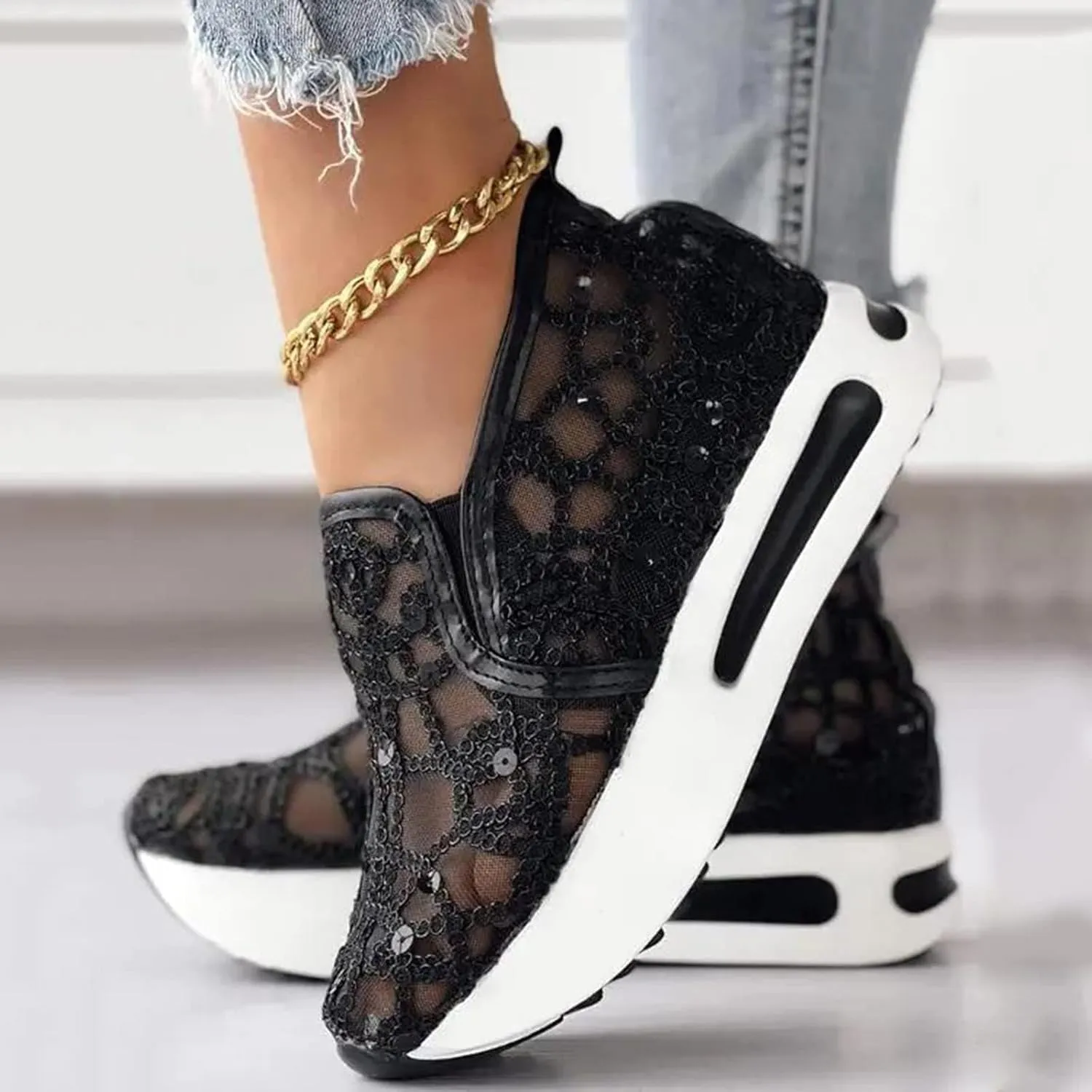 Embroidered Sneakers for Women See Through Mesh Breathable Shoes Comfortable Walking Sneakers Platform Chunky Loafers Casual Lightweight Shoes Beach Footwear 2025 Fashion