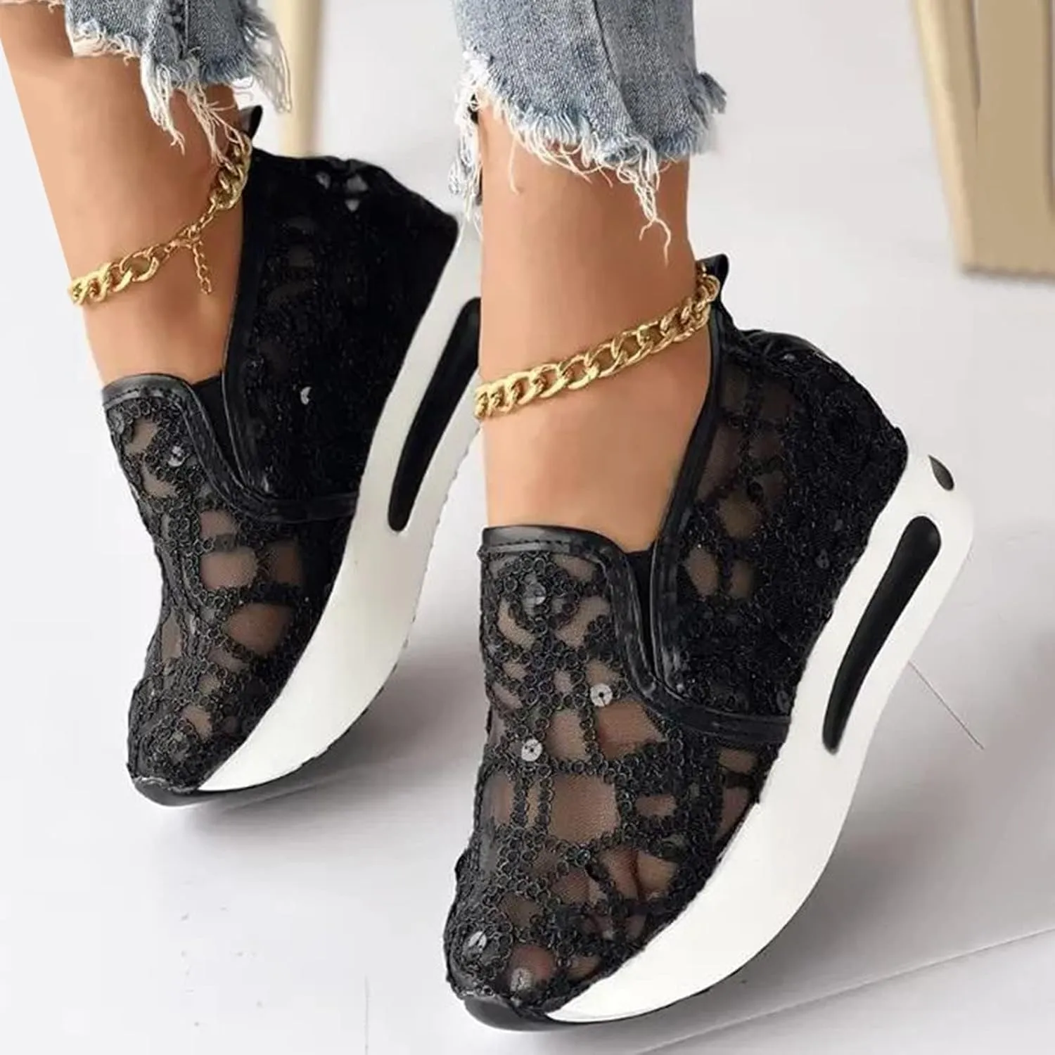 Embroidered Sneakers for Women See Through Mesh Breathable Shoes Comfortable Walking Sneakers Platform Chunky Loafers Casual Lightweight Shoes Beach Footwear 2025 Fashion