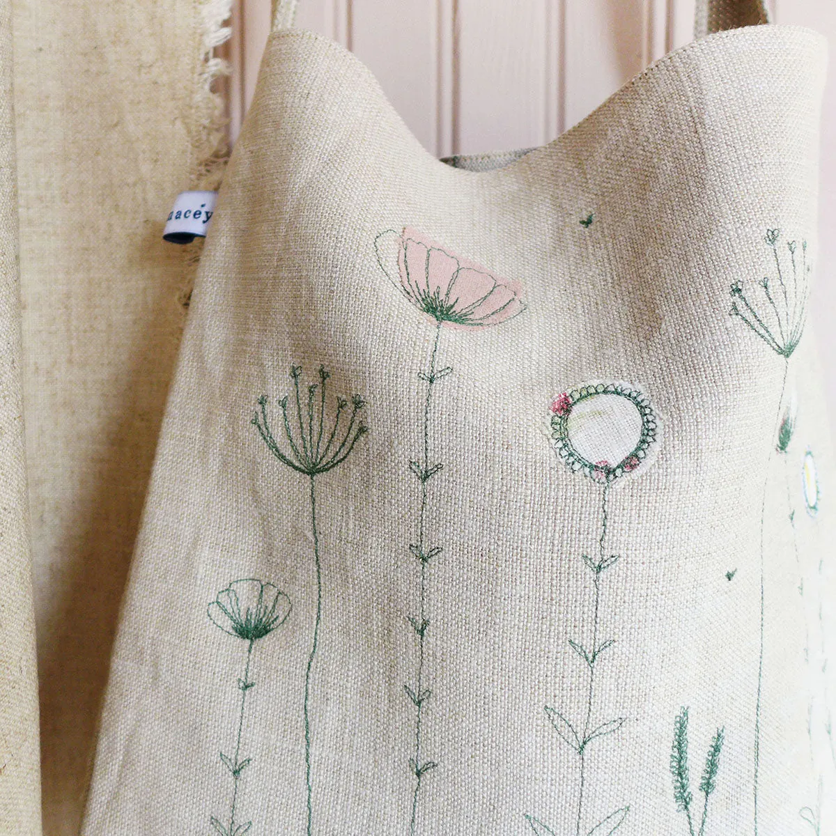 Embroidered Wildflowers Linen Day Bag